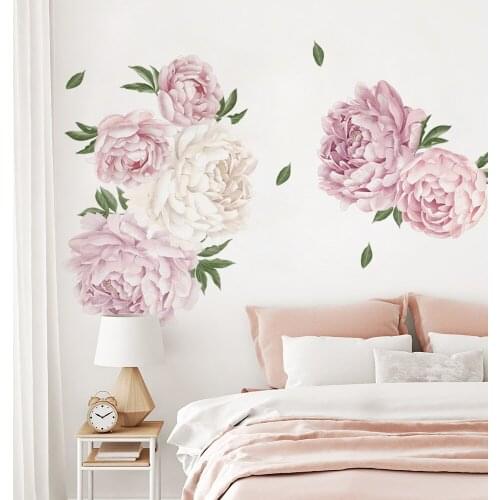 Poeny-Pink Flowers And Leaves Wall Sticker Living Room Bedroom Decoration Corridor Large Stickers Self-Adhesive Wallpaper
