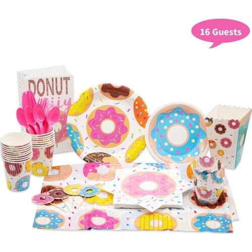 Pink Donut Pattern Disposable Cutlery Set Plate Cup Napkin Cake Topper Birthday Party Picnic Decoration Baby Shower Toy Supplies