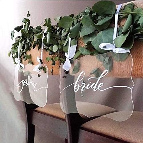 Custom DIY Clear Blank Acrylic Hanging Sign Elegant Wedding Chair Signs Bride & Groom Calligraphy Lovers Home Retail Store Party