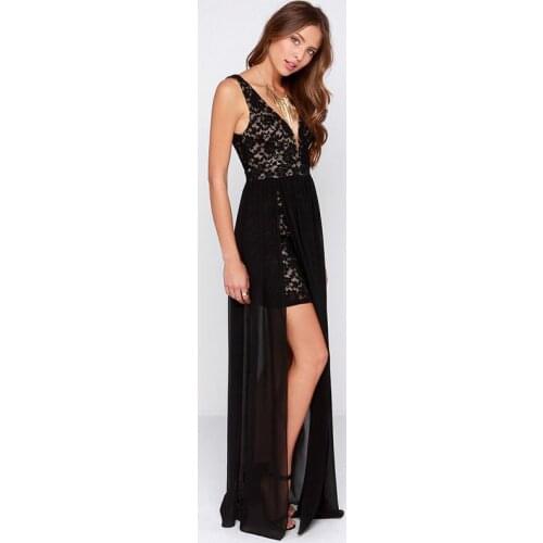 Sexy Deep v Open Back Dress Knee Length Skirt Goddess Lace Perspective Chiffon Black Dress