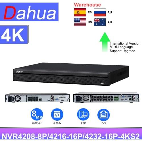 Dahua PoE 4K NVR 16ch 32CH NVR4232-16P-4KS2 16CH NVR4216-16P-4KS2 8CH NVR4208-8P-4KS2 with HDD Port 8MP H.265+ P2P APP IP Camera