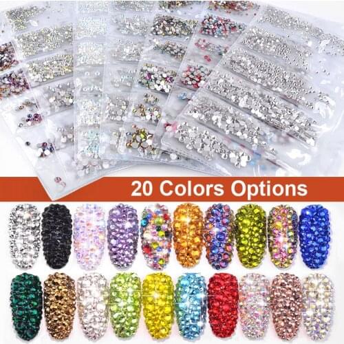 1 Pack Flatback Glass Nail Rhinestones Mixed Sizes SS4-SS16 Nail Art Decoration Stones Shiny Gems Manicure Accessories 20 Colors