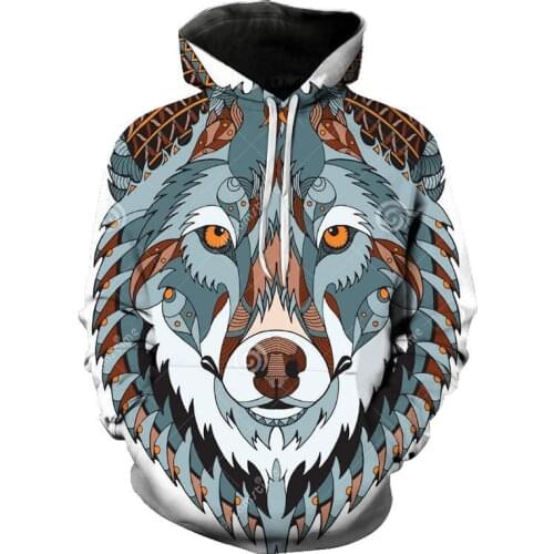 Mens Top 3D Wolf Print Loose Spring New Mens Drawstring Street Fashion Sweatshirt 2021 New Fashion Sweatshirt