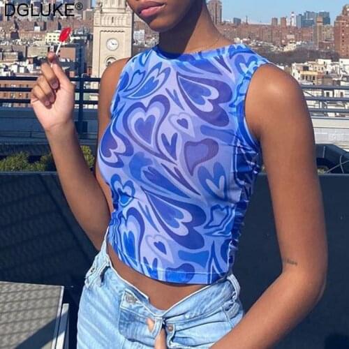 Printed Sheer Mesh Tank Top Women 2021 Sleeveless Sexy Crop Top Summer Streetwear Women Top Y2K Tanks Camis Orange Green Blue