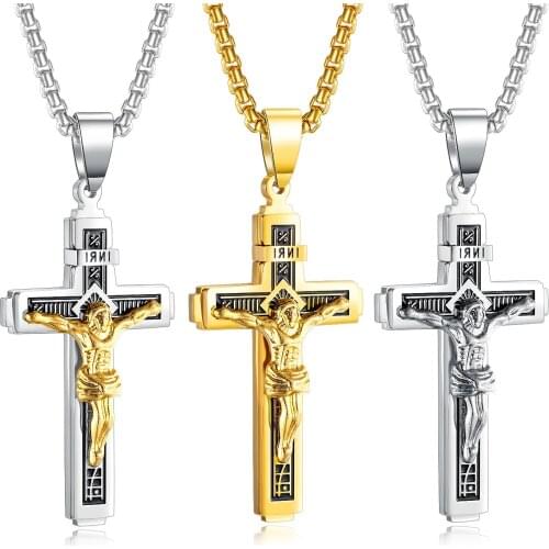 Trendy Retro INRI Cross Jesus Necklace Pendant for Men Boy Stainless Steel Chain Link Prayer Necklaces Religious Jewelry Gifts