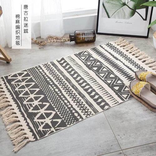 Turkish Cotton Linen Area Rug Set with Tassels Hand Woven Printed Rug/Mat Washable Entryway for Bedroom, Kitchen, Laundry Room