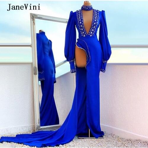 JaneVini Royal Blue Shiny Crystals Mermaid Evening Dresses Long Sleeves V Neck Sexy High Split Satin Evening Gowns Robes Longues