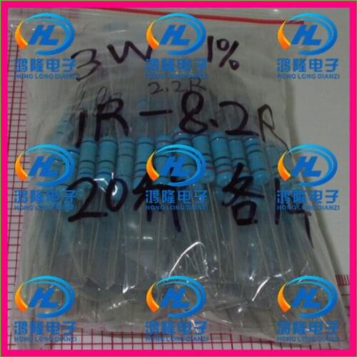 Total 200pcs/LOT (1R-8.2R ohm) 1% 3W Metal Film Resistors Assorted Kit 20Values ,10pcs Each value