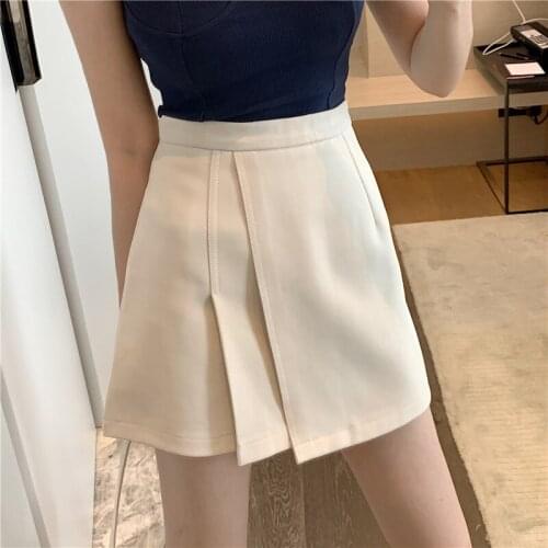 Mini Skirts Womens Clothing Summer 2021 Office Lady Folds Black Korean Style Asymmetrical A Line Skirt Solid Faldas Cortas