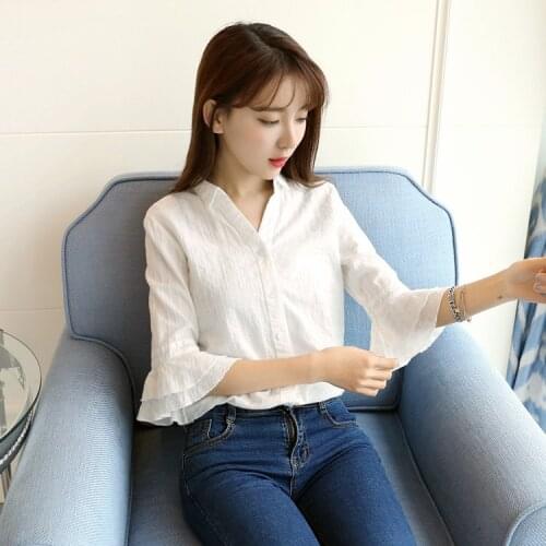 Women White Shirt Flared Sleeves Spring Fall Girls College Style Three Quarter Sleeve Student V Neck Blouse Cotton