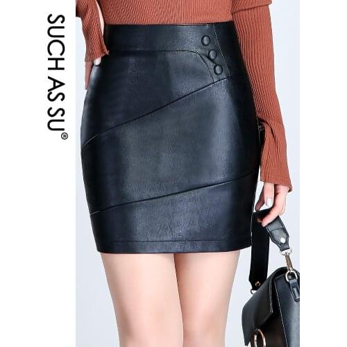 New Fashion 2021 High Quality Black PU Button Mini Women High Waist Occupation Work Pencil Skirt S-3XL Size Female Leather Skirt