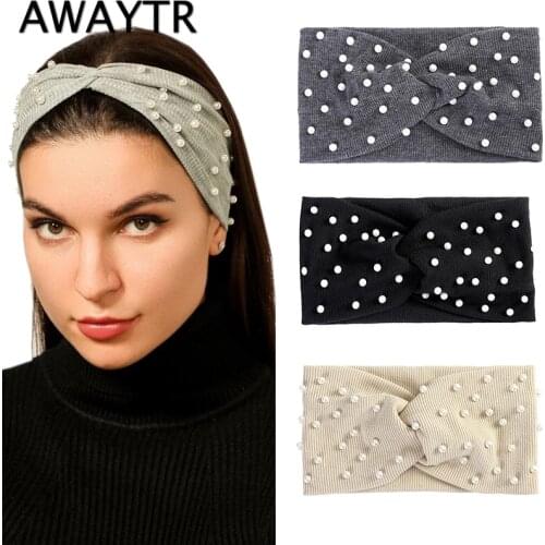 AWAYTR Women Cross Headbands Pearls Head Bands Knitted Turban Bandana Autumn Winter Elastic Hairband Warm Hair Accessories