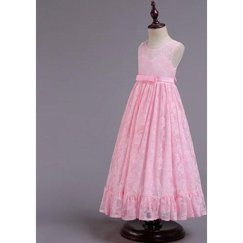 2019 New Satin Belt Pink White Full Lace Flower Sleeveless Wedding Party Princess Dress 4-12years Round Neck