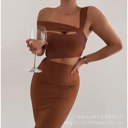 WEPBEL One-Shoulder Hollow Bodycon Dress Sexy Women Dress Sleeveless High Waist Club Wear Brown Female Solid Color Tight Dress