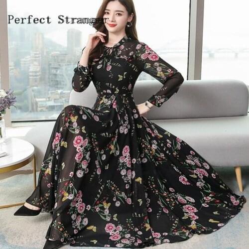 2020 Spring New Arrival High Quality Plus Size S-4XL Bohemian Stand Collar Flower Printed Woman Chiffon Long Dress
