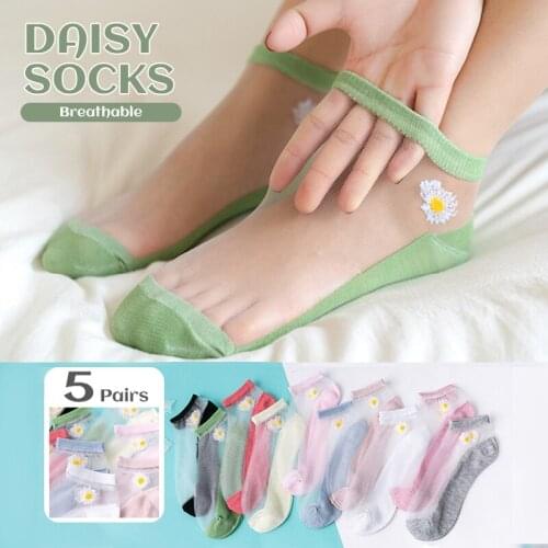 5Pairs/Lot Women Socks for summer Ultra-thin Transparent Cass Glass fiber Silk Socks Fashion daisy Flower Japan Ankle Socks