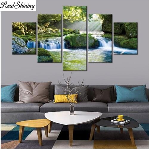 5 pcs Diamond embroidery Flowing water and green tree 5d diamond painting full drill crystal 3d Diamond mosaic cross stitch F910