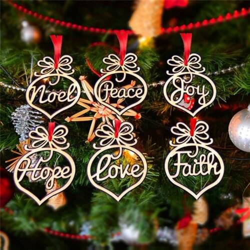 6pcs/Pack Wooden Christmas Ornament Log Color Hollow Pendants Christmas Tree Decoration Navidad Merry Christmas Hanging Decor