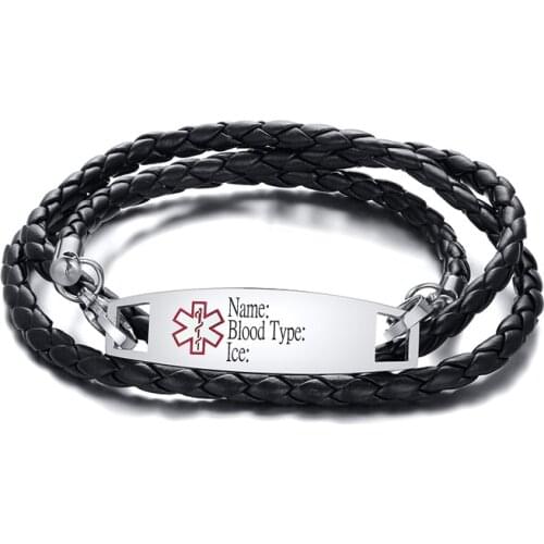 Free Engraving Medical Alert ID Bracelets Custom Name Stainless Steel Braided Leather Triple Wrap SOS Wristband For Men