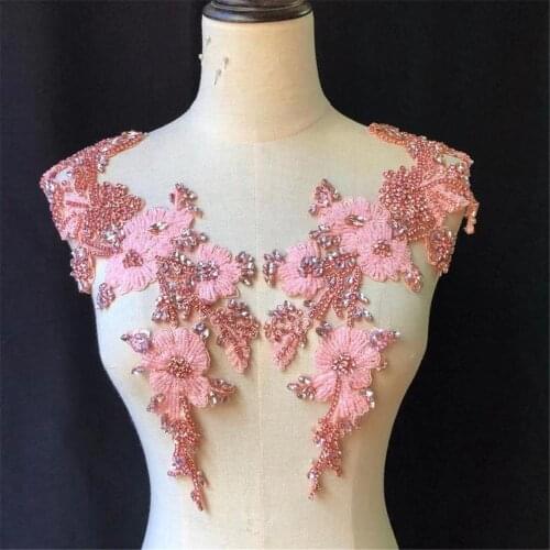 Baby Pink Delicate Flower Rhinestone Applique Pair Crystal Beading Handcraft Patch French Bodice Patch Heavy Applique