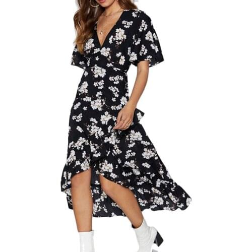 Women Boho Floral Print Chiffon Dress Sexy Summer Beach Dress Casual V Neck Short Sleeve Bandage Party Dress Sundress Vestidos