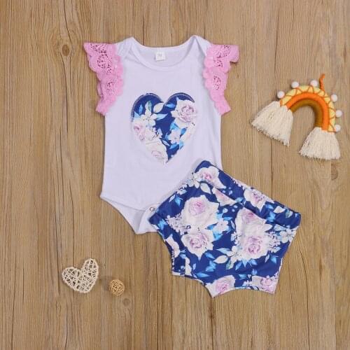 Girl Tops Shorts Suit, Summer Flower Printed Lace Shirt Loose Pants, Pink/White/Blue