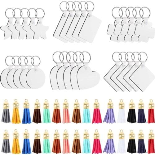 L5YD 30 Pieces Sublimation Blank Keychains + 30 Pieces Colorful Leather Tassel Set Thermal Transfer Key Chain Double-Side MDF