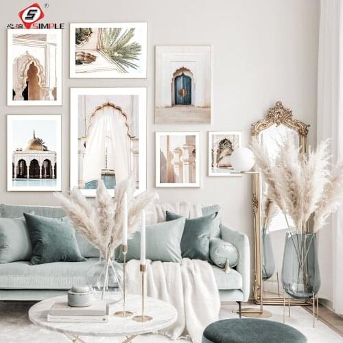 Marrakech Blue Door Architecture Landscape Posters Canvas Painting Palm Plant Garden Pictures Wall Art Prints Nordic Home Decor