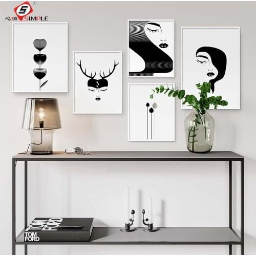 Minimalist Black White Gallery Wall Art Posters Prints Canvas Paintings Abstract Girl Face Pictures For Living Room Unique Decor