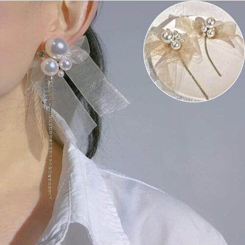 Fashion Pearl Bow Clip Earrings For Women 2021 Girls Sweet Earrings Vintage Long Rhinestone Pendant Brincos Jewelry Accessories
