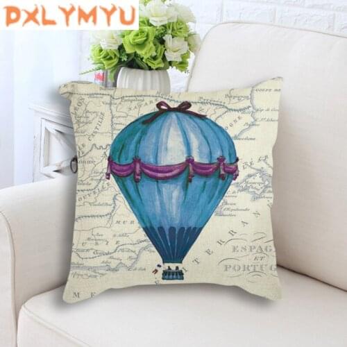World Map Hot air Balloon Printed Cushion Cover Soft Linen Pillow Case Home Room Office Decoration Back Throw Sofa Cushion Cover