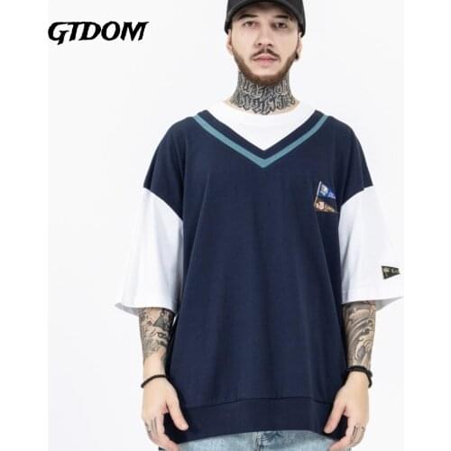 GTDOM Mens 2021 Summer New Japanese Popular Logo Vest Splicing Fake Two Triangle Patch Oversizet Short Sleeves Tie Couple