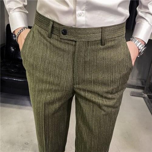 Autumn Black Gray Army Green Dress Pants For Men Slim Fit England Style Striped Suit Pants High Quality Casual Streetwear P82