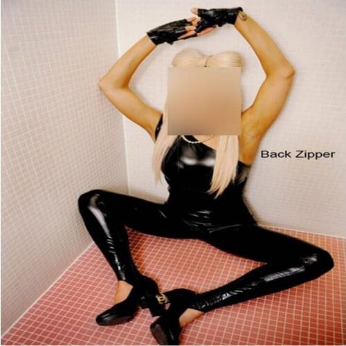 Sexy black vinyl bodysuit jumpsuit for ladies sexy party Sex Fetish faux leather Costume one shoulder w6105