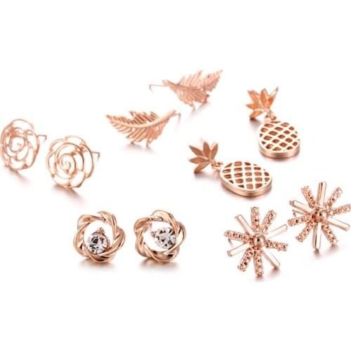 SENHUA Fashion Jewelry Women Girls Lovely Pineapple earrings Gose Gold Color Alloy Leaves Flowers Stud Earrings Children Gifts