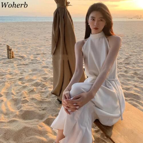 Woherb Summer Halter Dress Women Sleeveless Beach Tank Dresses Sexy Elegant Ladies Vestidos Femme 2021 Elegant Robe