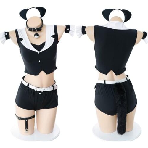 Japanese School Girls Cosplay Sailor Suit Super Cute Cat Girl Camisole Set Uniform Sexy Womens Tops Cat Ears Tail Panties Set