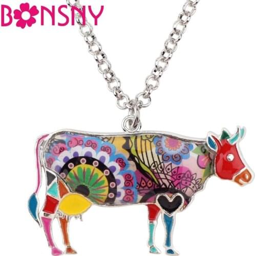 Bonsny Alloy Enamel Floral Bull Cattle Cow Necklace Chain Pendant For Women Girls Lady Farm Animal Jewelry Wholesale Accessories