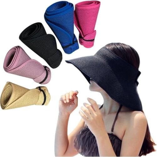 Portable Women Straw Hat Colorful Wide Brim Oversized Beach Hat Takes Little Space UV Protection Camping Headwear