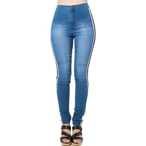High Stretch Jeans Womens Side Webbing Sports Denim Trousers Blue Tight-fitting and Comfortable Womens Pencil Pants