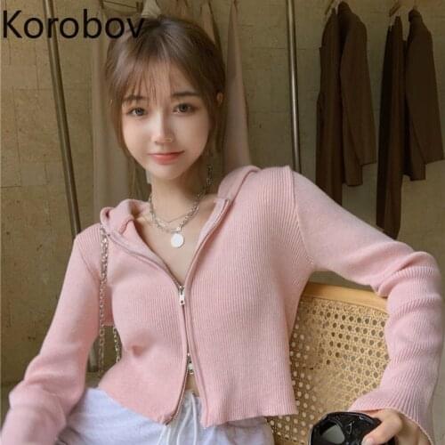 Korobov Vintage Hooded Long Sleeve Women Cardigans Korean Chic Crop Cardigans 2021 New Autumn Cropped Cardigans