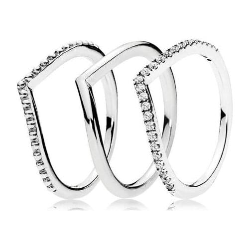 925 Sterling Silver Wish Bone Pandora Ring Set With Crystal Stack Rings For Women Wedding Party Gift Fashion Jewelry