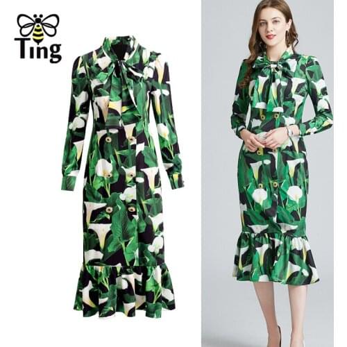 Tingfly Runway Fashion Design Midi Dress Women Luxury Crystal Button Bow Collar Green Palm Leaf Floral Mermaid Casual Long Dress