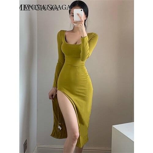 WOMENGAG Temperament Goddess High Waist Show Thin Package Slim Hip Square Collar Low Chest Autumn Full Sleeve Dress Dresses Y4SD