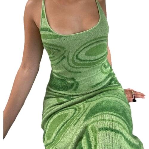 Women’s Sexy Suspender Knitted Dress Fashion Swirl Pattern Back Hollow Skinny Mid-length Dress