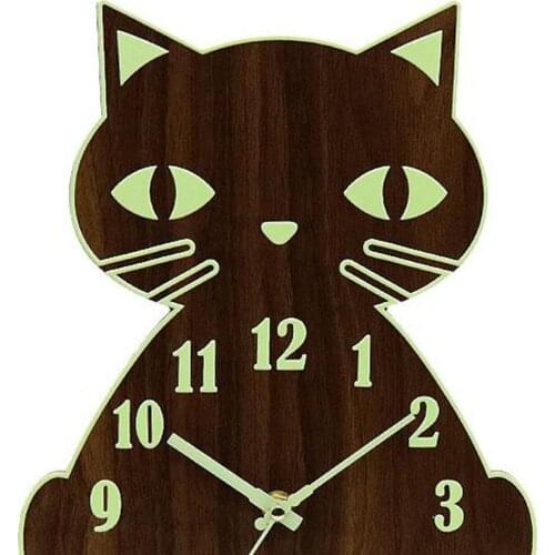 Walnut Color Wooden Silent Cat Luminous Wall Clock, Battery Operated, Numerals