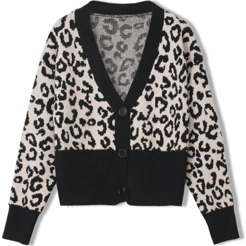 Women Fall Leopard V-Neck Knitted Cardigan Short Sweater Female Slim Fashion Top LadyMori Girl Style High Quality Elastic Coat