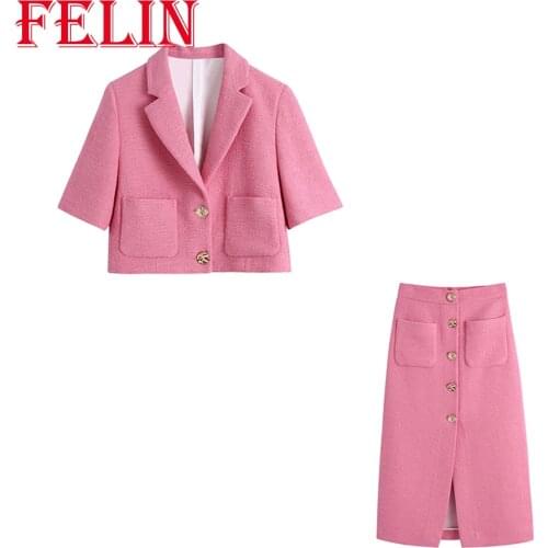 FELIN Women New Summer Fashion 2021 Za Pink V-Neck Short Blazer Jacket Casual Skirt Women Sets Vintage Texture 2 Pieces Set