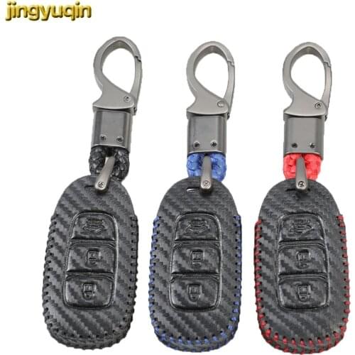 Jingyuqin Leather Carbon Remote Key Case Cover For Hyundai Solaris Elantra i30 ix35 Tucson Accent Santa Fe Azera Verna 2017 2018