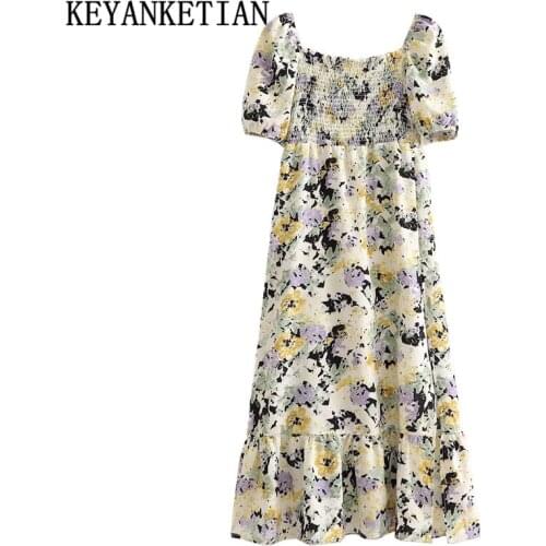 KEYANKETIAN Puff Sleeve Flower Print Slit Wrap Dress Ladies midi dress Summer dress